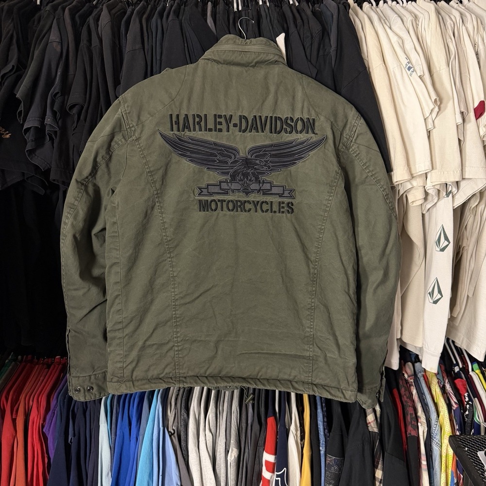 Harley Davidson Military Jacket Men's Medium Green Multi Pocket Cargo Bomber